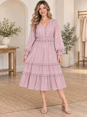 Mikarose Mauve Pink Tiered Midi Dress Long Sleeve V-Neck Modest Size XS